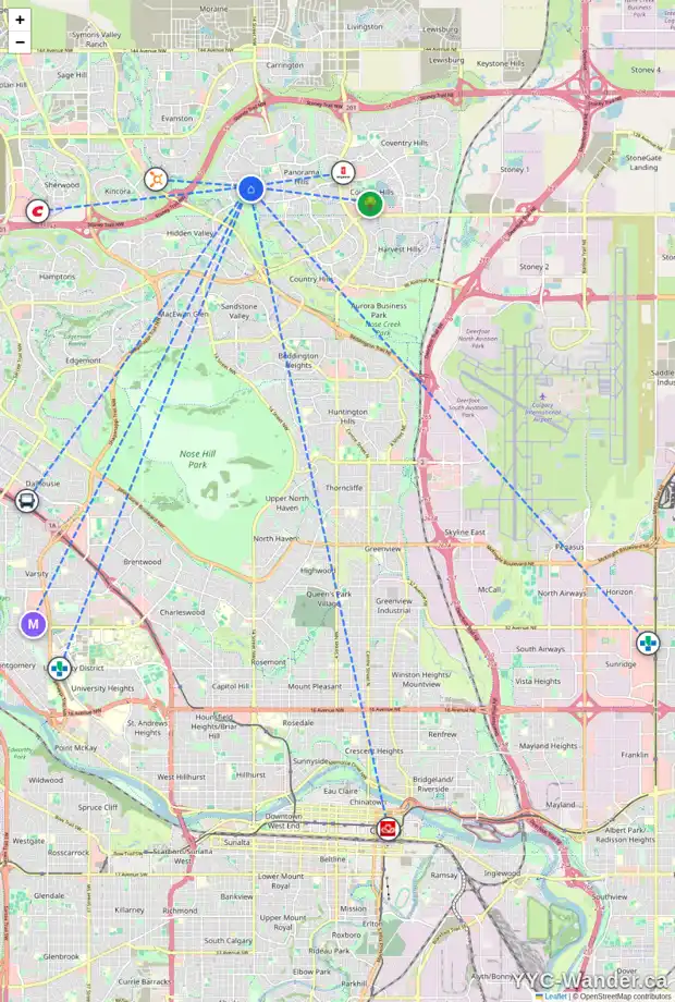 Daily accessibility map for 1621 HIDDEN CREEK WY NW, Calgary showing nearby schools, grocery stores, parks, LRT stations and nearby amenities