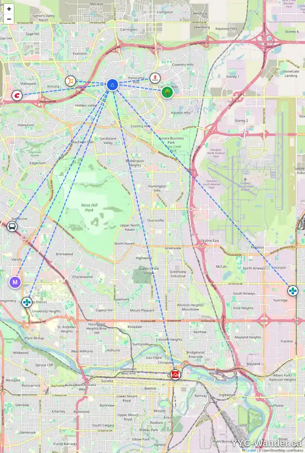 Daily accessibility map for 5 HIDDEN CREEK TC NW, Calgary showing nearby schools, grocery stores, parks, LRT stations and nearby amenities