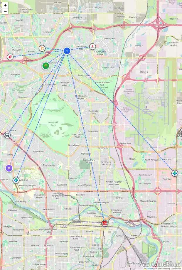 Daily accessibility map for 13 HIDDEN CREEK TC NW, Calgary showing nearby schools, grocery stores, parks, LRT stations and nearby amenities