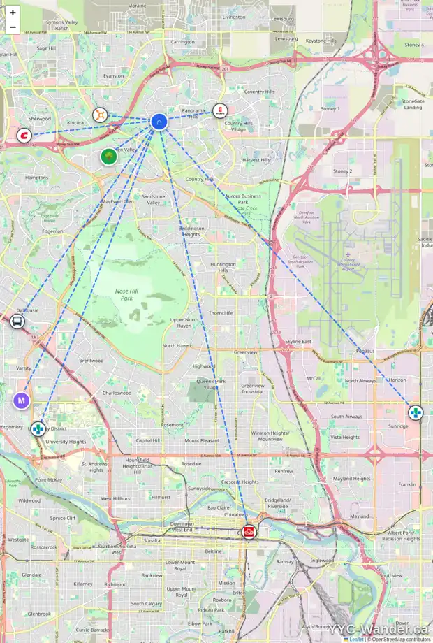 Daily accessibility map for 17 HIDDEN CREEK TC NW, Calgary showing nearby schools, grocery stores, parks, LRT stations and nearby amenities