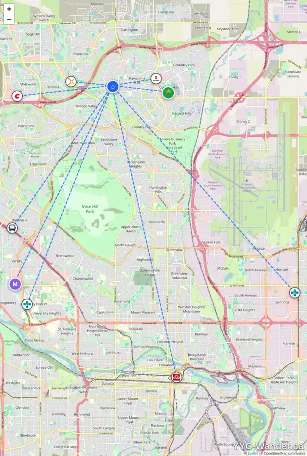 Daily accessibility map for 21 HIDDEN CREEK TC NW, Calgary showing nearby schools, grocery stores, parks, LRT stations and nearby amenities