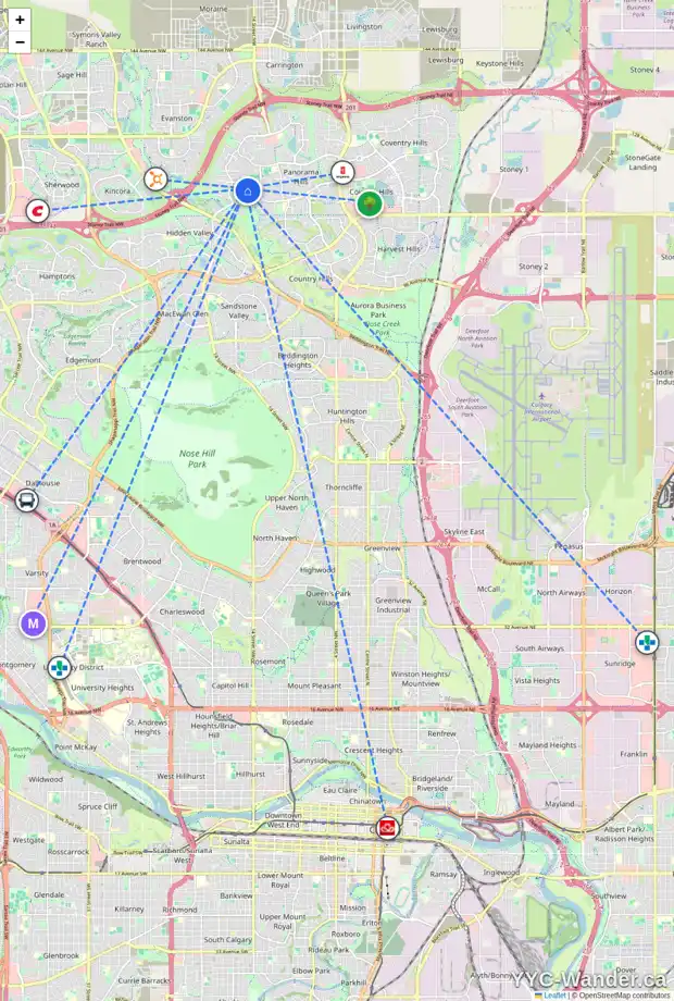 Daily accessibility map for 25 HIDDEN CREEK TC NW, Calgary showing nearby schools, grocery stores, parks, LRT stations and nearby amenities