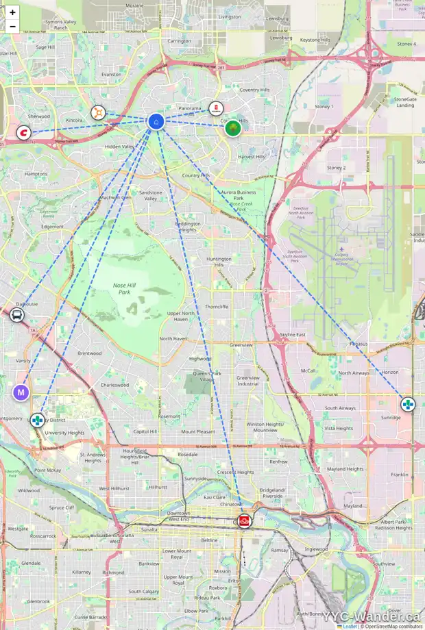 Daily accessibility map for 37 HIDDEN CREEK TC NW, Calgary showing nearby schools, grocery stores, parks, LRT stations and nearby amenities