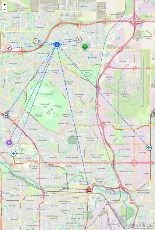 Daily accessibility map for 45 HIDDEN CREEK TC NW, Calgary showing nearby schools, grocery stores, parks, LRT stations and nearby amenities