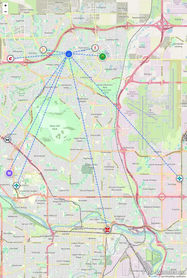 Daily accessibility map for 49 HIDDEN CREEK TC NW, Calgary showing nearby schools, grocery stores, parks, LRT stations and nearby amenities