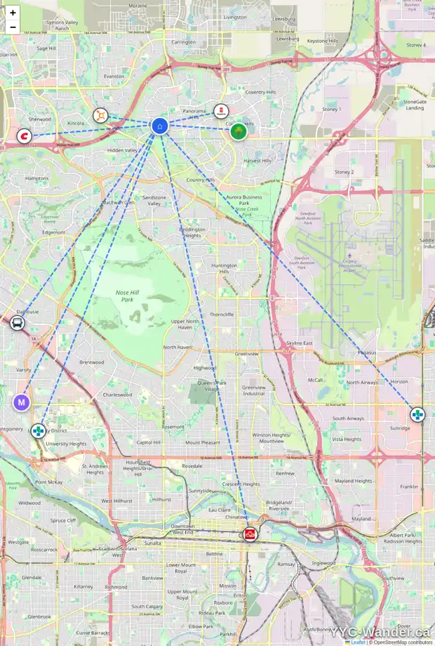 Daily accessibility map for 53 HIDDEN CREEK TC NW, Calgary showing nearby schools, grocery stores, parks, LRT stations and nearby amenities