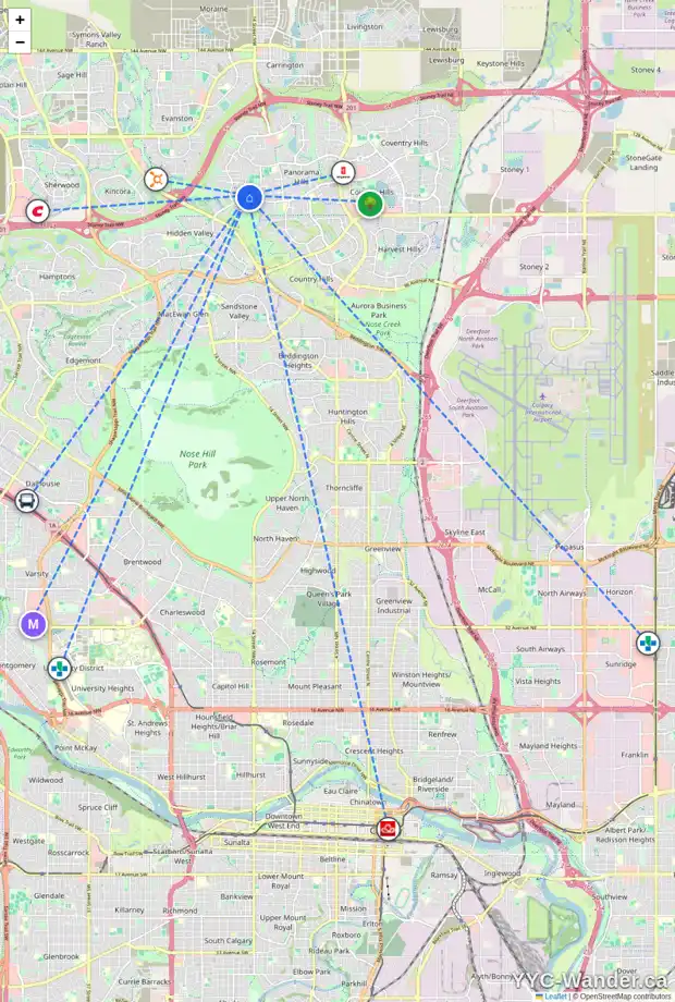 Daily accessibility map for 65 HIDDEN CREEK TC NW, Calgary showing nearby schools, grocery stores, parks, LRT stations and nearby amenities