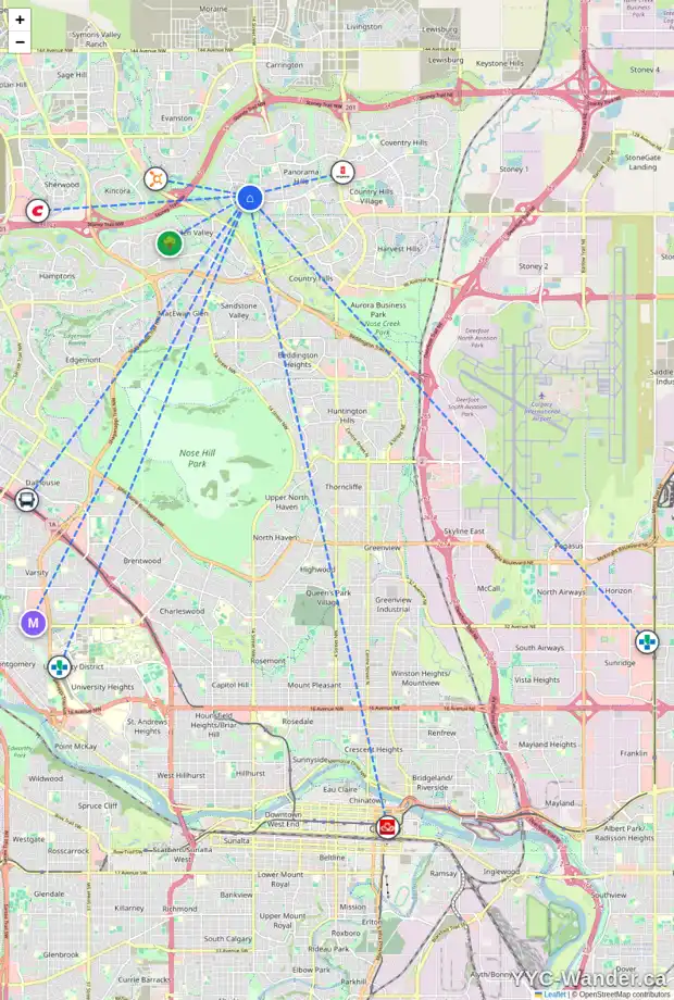 Daily accessibility map for 73 HIDDEN CREEK TC NW, Calgary showing nearby schools, grocery stores, parks, LRT stations and nearby amenities