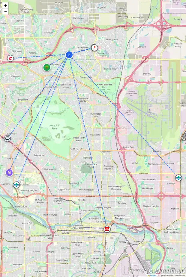 Daily accessibility map for 77 HIDDEN CREEK TC NW, Calgary showing nearby schools, grocery stores, parks, LRT stations and nearby amenities