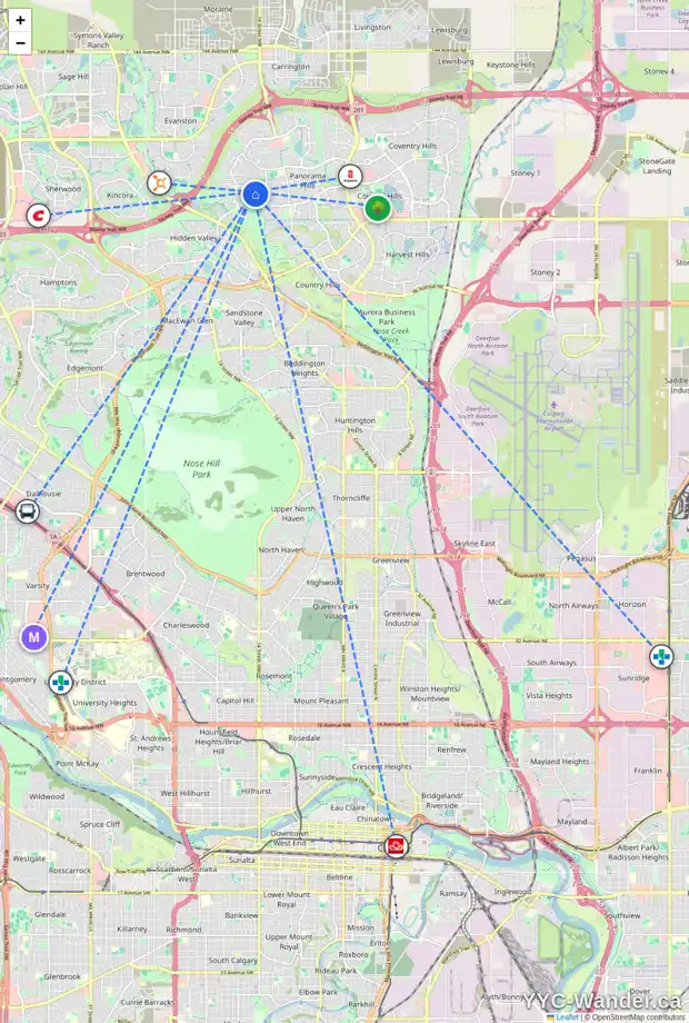 Daily accessibility map for 20 HIDDEN CREEK TC NW, Calgary showing nearby schools, grocery stores, parks, LRT stations and nearby amenities