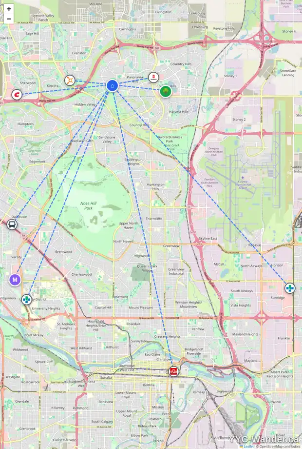 Daily accessibility map for 24 HIDDEN CREEK TC NW, Calgary showing nearby schools, grocery stores, parks, LRT stations and nearby amenities