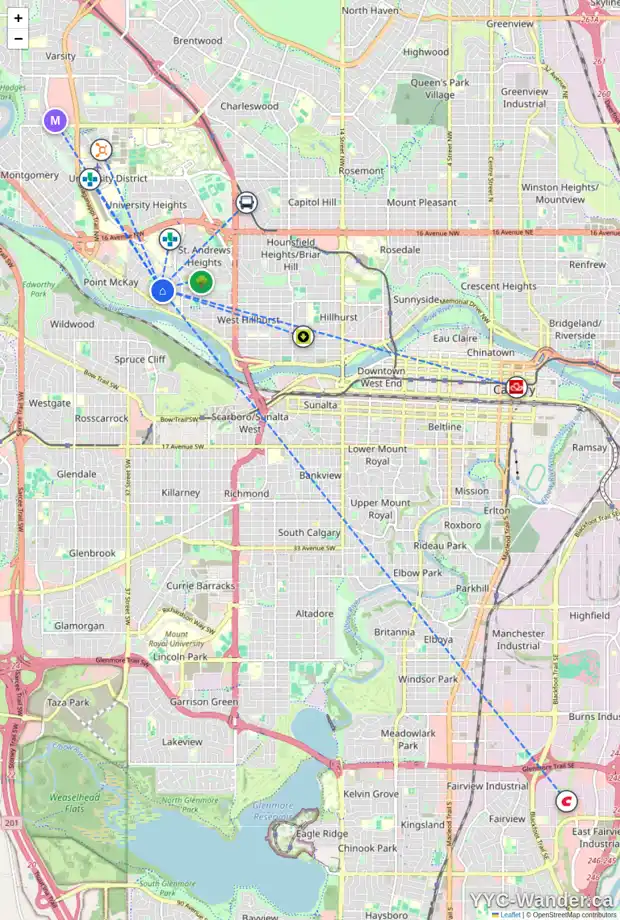 Daily accessibility map for 714 33A ST NW, Calgary showing nearby schools, grocery stores, parks, LRT stations and nearby amenities
