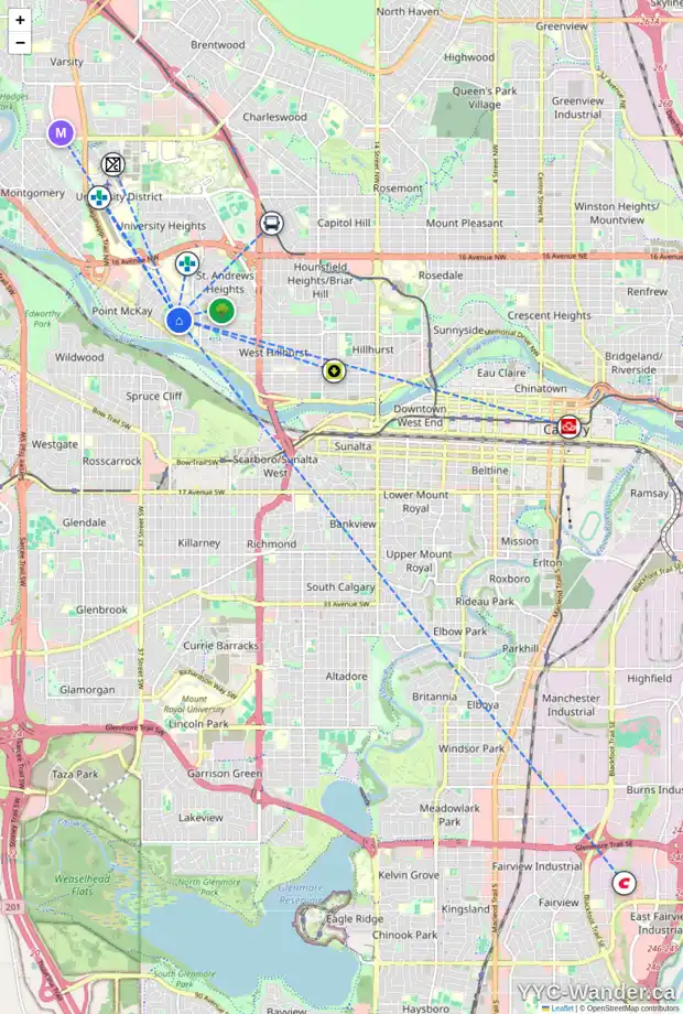 Daily accessibility map for 716 33A ST NW, Calgary showing nearby schools, grocery stores, parks, LRT stations and nearby amenities