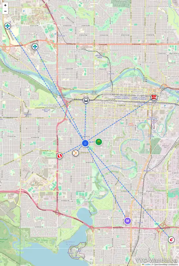 Daily accessibility map for 1720 29 AV SW, Calgary showing nearby schools, grocery stores, parks, LRT stations and nearby amenities