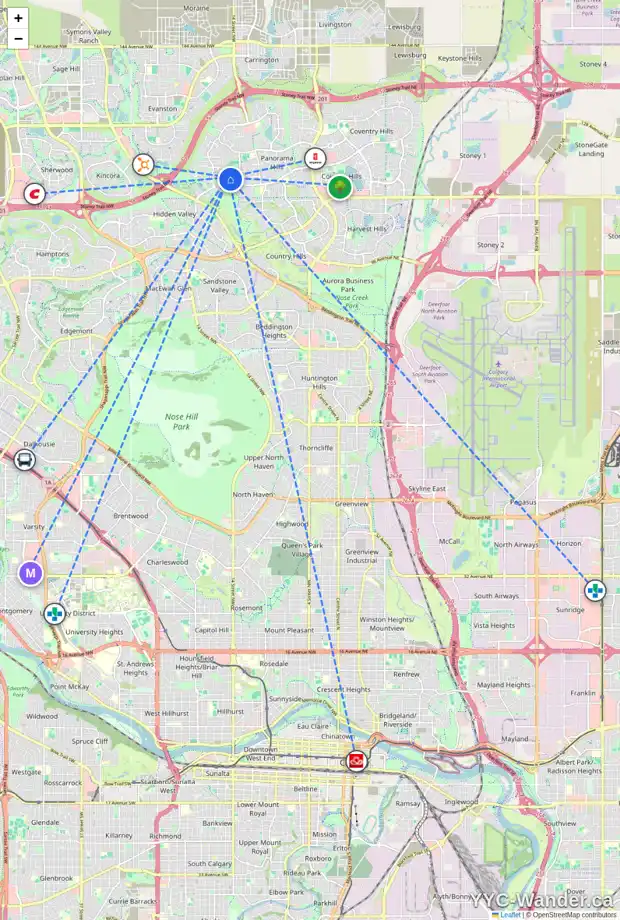 Daily accessibility map for 52 HIDDEN CREEK TC NW, Calgary showing nearby schools, grocery stores, parks, LRT stations and nearby amenities