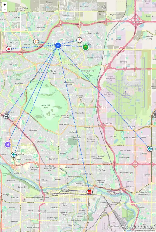 Daily accessibility map for 56 HIDDEN CREEK TC NW, Calgary showing nearby schools, grocery stores, parks, LRT stations and nearby amenities