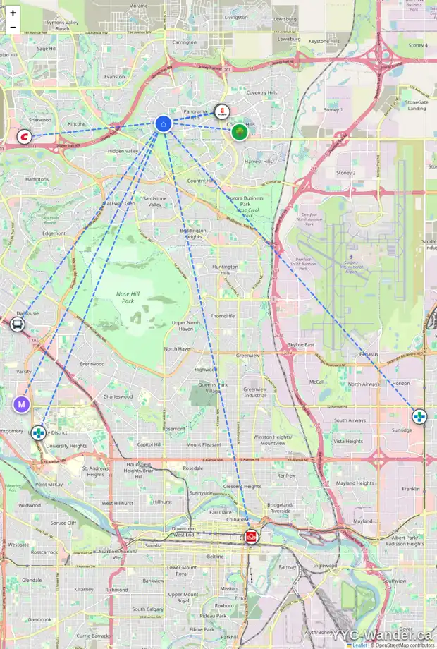 Daily accessibility map for 15 HIDDEN CREEK PT NW, Calgary showing nearby schools, grocery stores, parks, LRT stations and nearby amenities