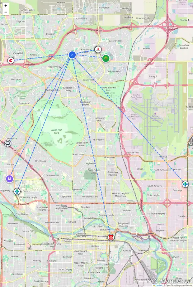 Daily accessibility map for 19 HIDDEN CREEK PT NW, Calgary showing nearby schools, grocery stores, parks, LRT stations and nearby amenities