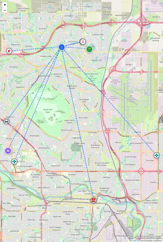 Daily accessibility map for 42 HIDDEN CREEK PT NW, Calgary showing nearby schools, grocery stores, parks, LRT stations and nearby amenities