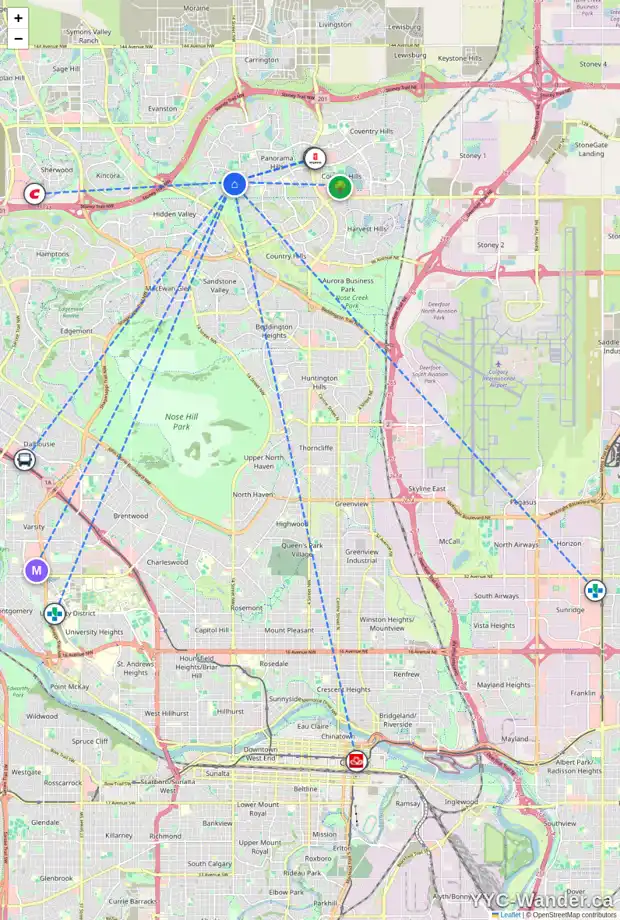 Daily accessibility map for 70 HIDDEN CREEK PT NW, Calgary showing nearby schools, grocery stores, parks, LRT stations and nearby amenities