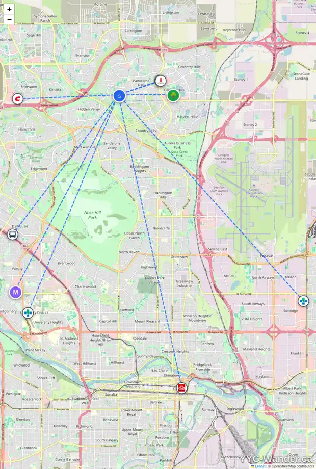 Daily accessibility map for 94 HIDDEN CREEK PT NW, Calgary showing nearby schools, grocery stores, parks, LRT stations and nearby amenities