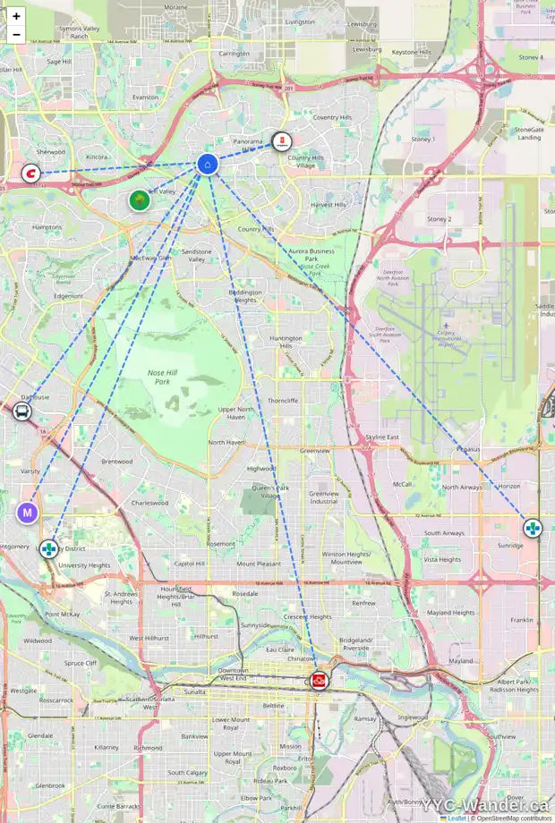 Daily accessibility map for 67 HIDDEN CREEK PT NW, Calgary showing nearby schools, grocery stores, parks, LRT stations and nearby amenities
