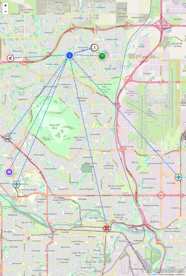 Daily accessibility map for 75 HIDDEN CREEK PT NW, Calgary showing nearby schools, grocery stores, parks, LRT stations and nearby amenities
