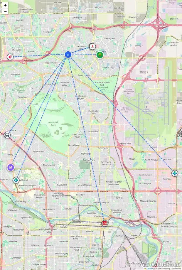 Daily accessibility map for 83 HIDDEN CREEK PT NW, Calgary showing nearby schools, grocery stores, parks, LRT stations and nearby amenities