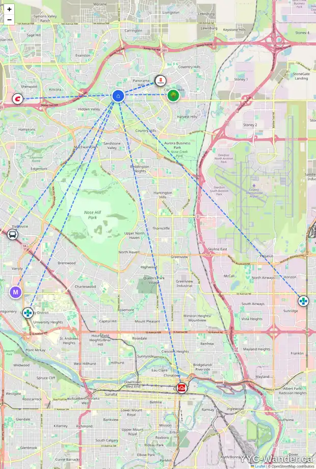 Daily accessibility map for 95 HIDDEN CREEK PT NW, Calgary showing nearby schools, grocery stores, parks, LRT stations and nearby amenities