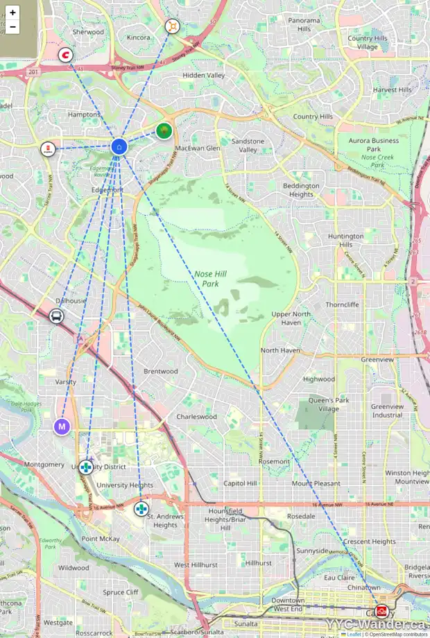 Daily accessibility map for 114 EDGERIDGE PA NW, Calgary showing nearby schools, grocery stores, parks, LRT stations and nearby amenities