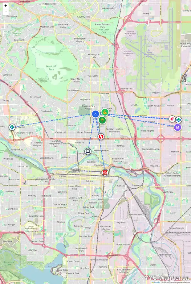 Daily accessibility map for 3415 2 ST NW, Calgary showing nearby schools, grocery stores, parks, LRT stations and nearby amenities