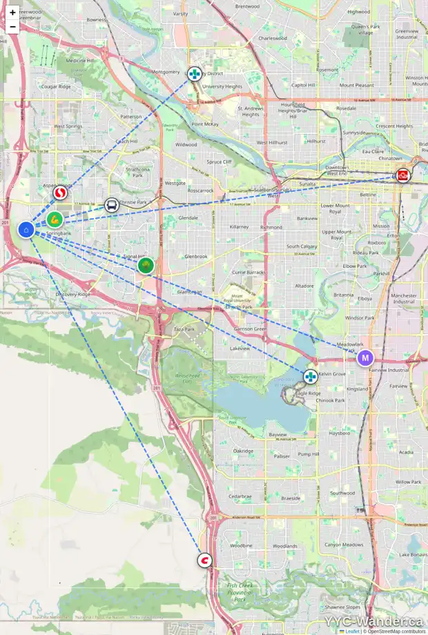 Daily accessibility map for 44 SLOPES GV SW, Calgary showing nearby schools, grocery stores, parks, LRT stations and nearby amenities