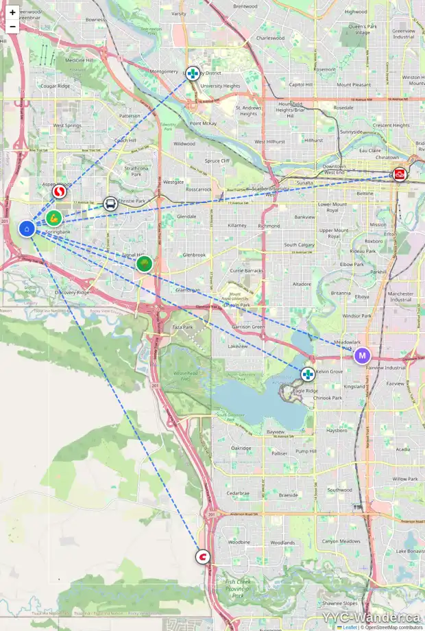 Daily accessibility map for 52 SLOPES GV SW, Calgary showing nearby schools, grocery stores, parks, LRT stations and nearby amenities