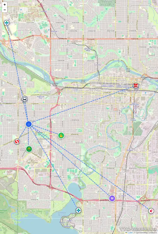 Daily accessibility map for 3222 28 AV SW, Calgary showing nearby schools, grocery stores, parks, LRT stations and nearby amenities