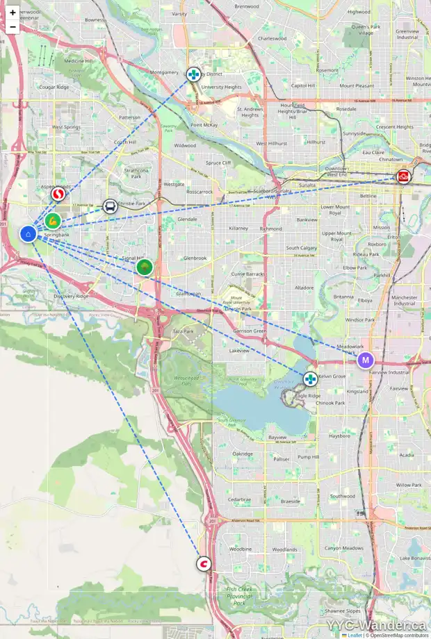 Daily accessibility map for 69 SLOPES GV SW, Calgary showing nearby schools, grocery stores, parks, LRT stations and nearby amenities