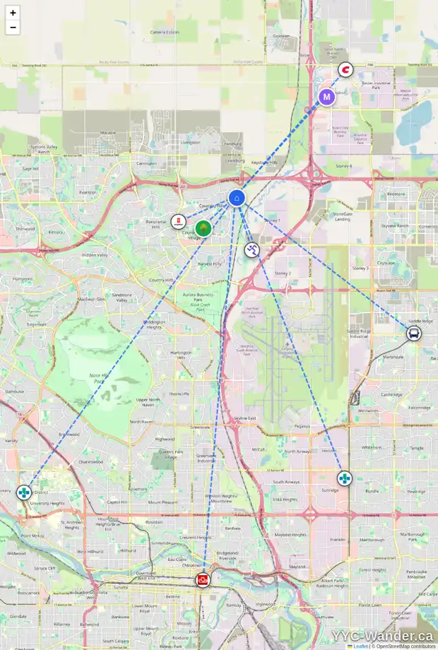 Daily accessibility map for 12802 COVENTRY HILLS WY NE, Calgary showing nearby schools, grocery stores, parks, LRT stations and nearby amenities