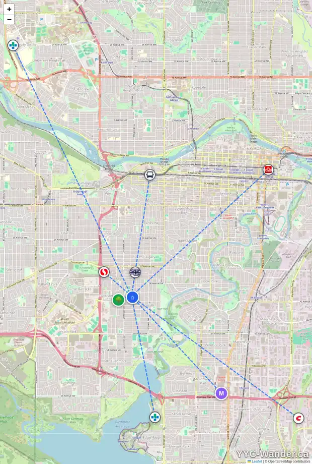 Daily accessibility map for 4129 19 ST SW, Calgary showing nearby schools, grocery stores, parks, LRT stations and nearby amenities