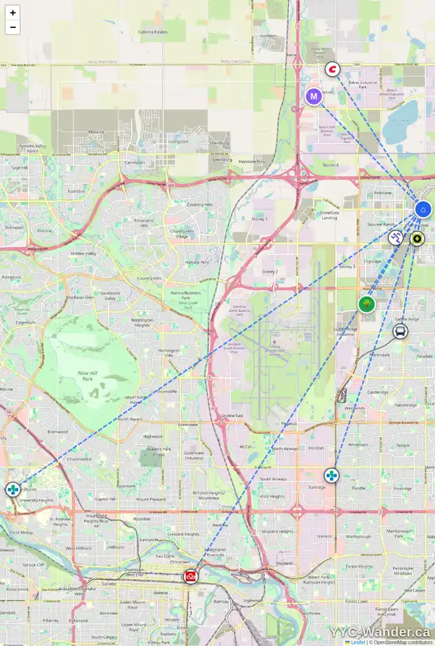 Daily accessibility map for 1414 63 CORNER GLEN CR NE, Calgary showing nearby schools, grocery stores, parks, LRT stations and nearby amenities