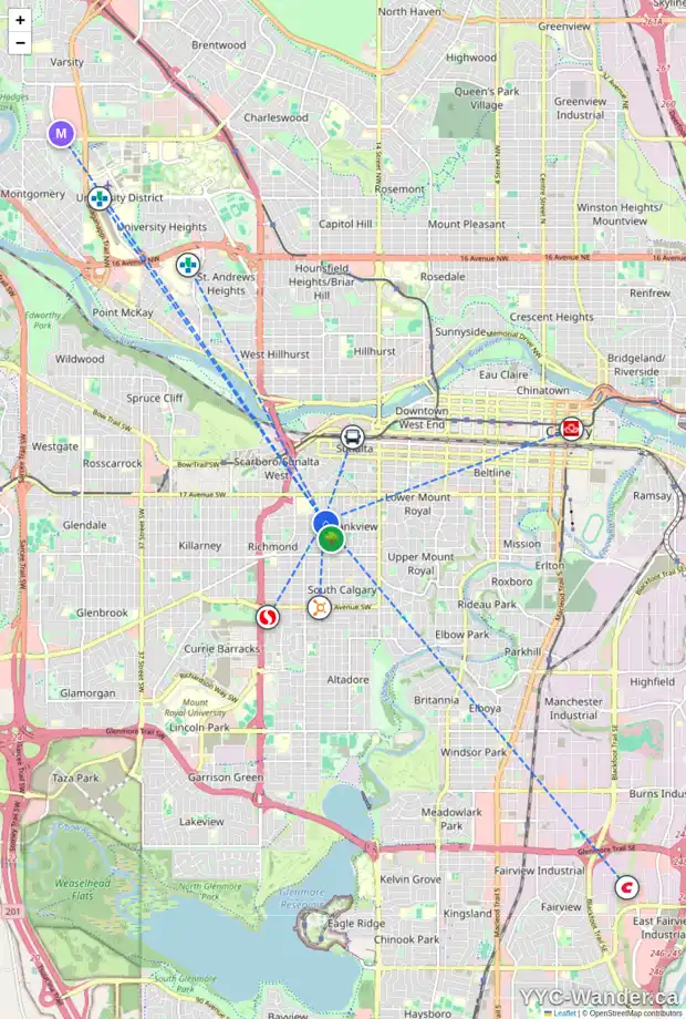 Daily accessibility map for 2213 18A ST SW, Calgary showing nearby schools, grocery stores, parks, LRT stations and nearby amenities