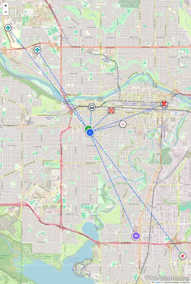 Daily accessibility map for 301 2130 17 ST SW, Calgary showing nearby schools, grocery stores, parks, LRT stations and nearby amenities