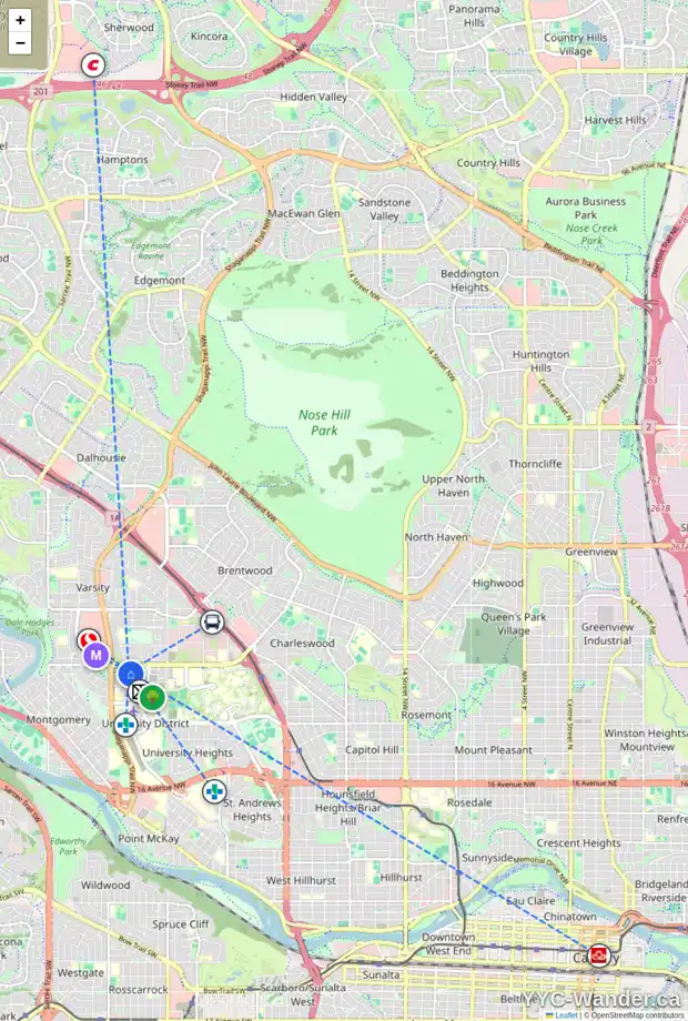 Daily accessibility map for 112 150 LEBEL CR NW, Calgary showing nearby schools, grocery stores, parks, LRT stations and nearby amenities