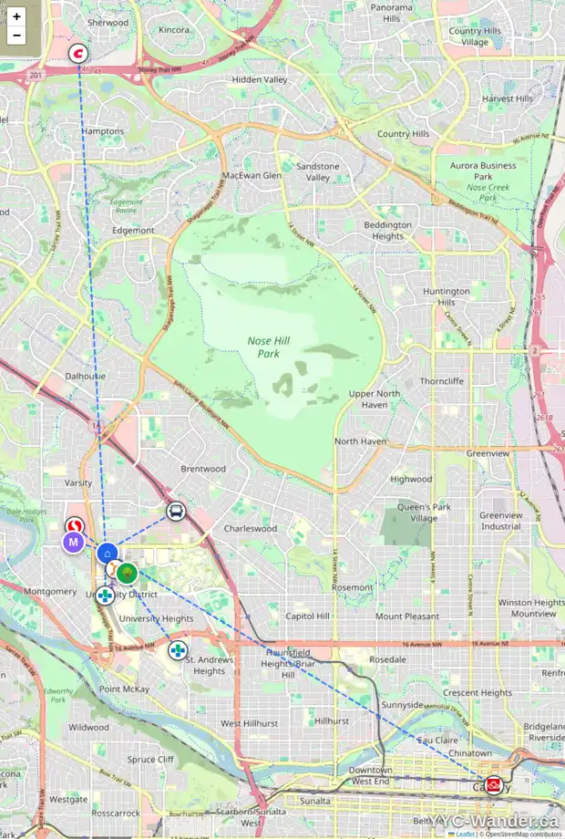 Daily accessibility map for 224 150 LEBEL CR NW, Calgary showing nearby schools, grocery stores, parks, LRT stations and nearby amenities