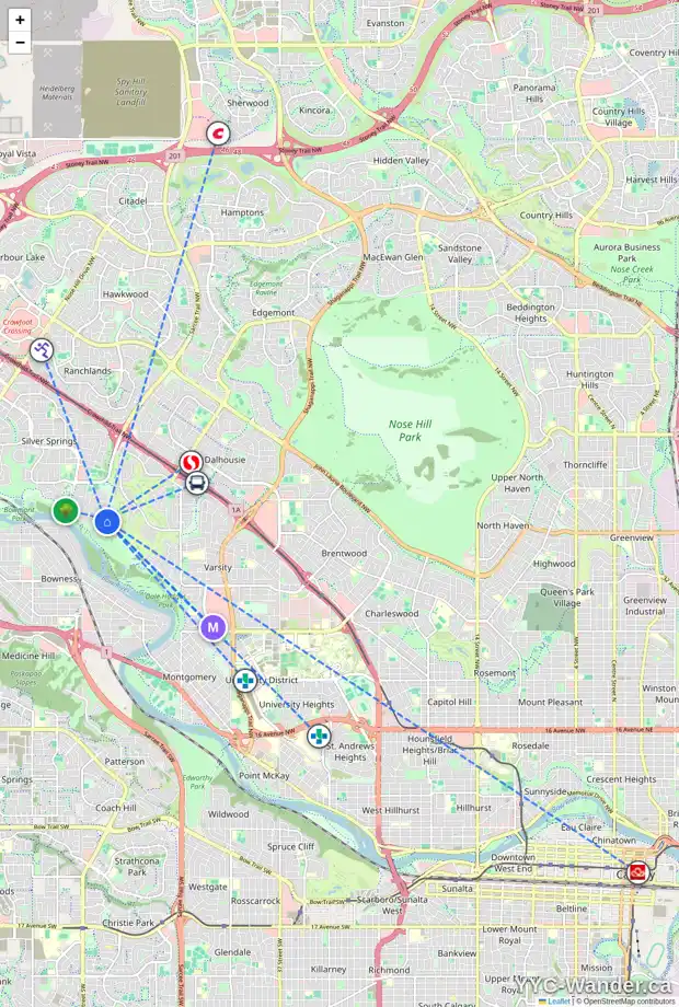 Daily accessibility map for 6615 SILVERVIEW RD NW, Calgary showing nearby schools, grocery stores, parks, LRT stations and nearby amenities
