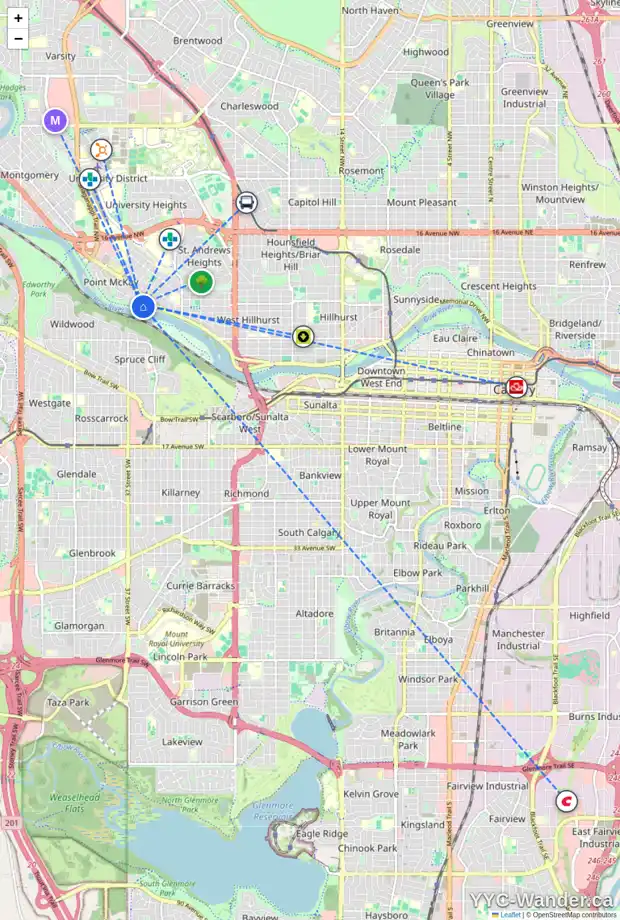 Daily accessibility map for 3440 PARKDALE BV NW, Calgary showing nearby schools, grocery stores, parks, LRT stations and nearby amenities