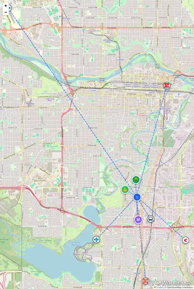 Daily accessibility map for 512 54 AV SW, Calgary showing nearby schools, grocery stores, parks, LRT stations and nearby amenities