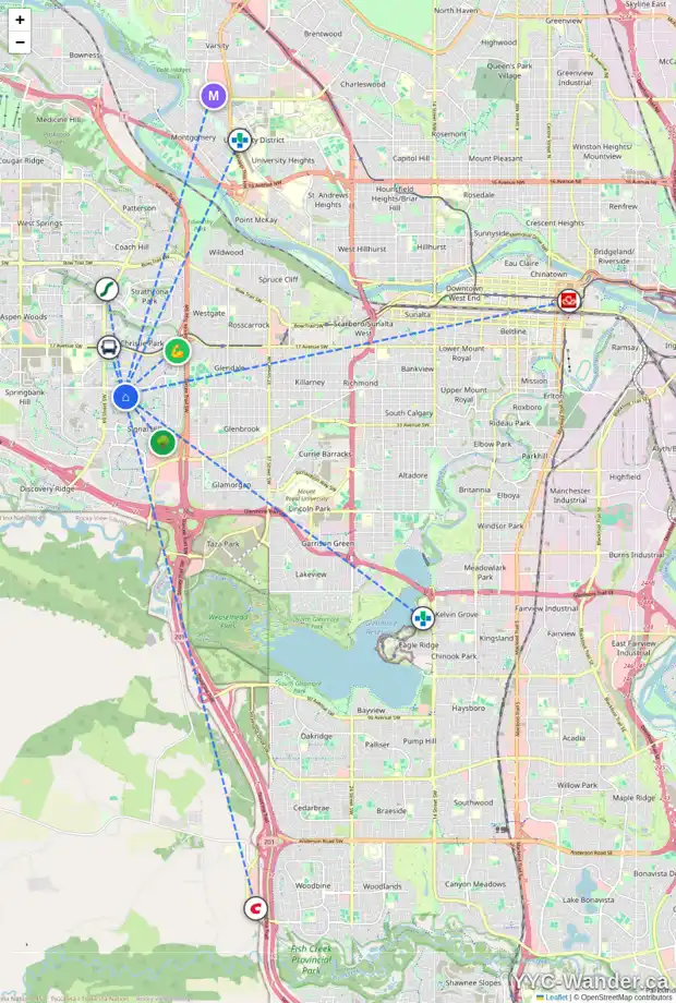 Daily accessibility map for 4 SIENNA HEIGHTS WY SW, Calgary showing nearby schools, grocery stores, parks, LRT stations and nearby amenities