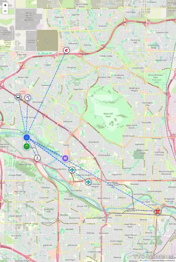 Daily accessibility map for 4911 69 ST NW, Calgary showing nearby schools, grocery stores, parks, LRT stations and nearby amenities