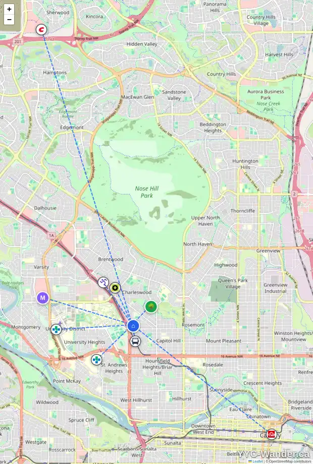Daily accessibility map for 2424 25 AV NW, Calgary showing nearby schools, grocery stores, parks, LRT stations and nearby amenities
