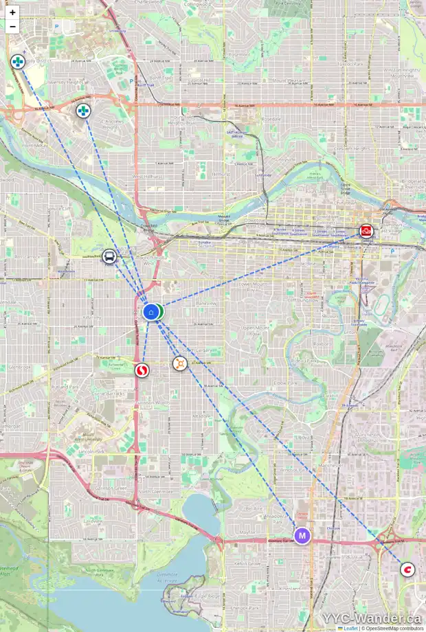 Daily accessibility map for 2313 23 AV SW, Calgary showing nearby schools, grocery stores, parks, LRT stations and nearby amenities