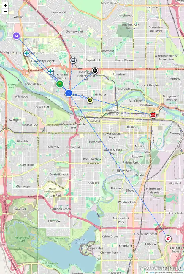Daily accessibility map for 2522 4 AV NW, Calgary showing nearby schools, grocery stores, parks, LRT stations and nearby amenities